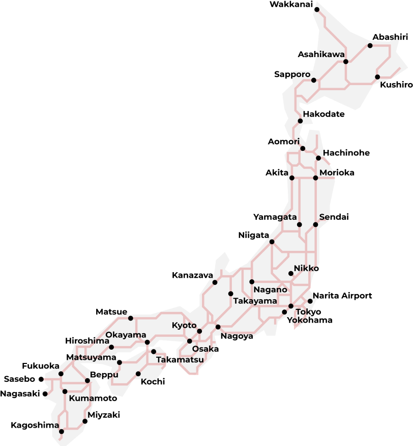 Kart som viser Japan Rail (JR)-nettverket og togruter over hele Japan.