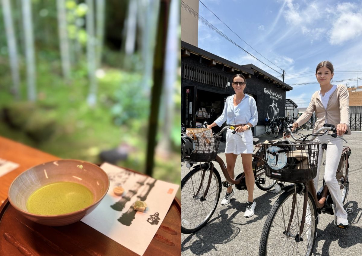 Til venstre: en bolle med matcha i en bambuslund. Til høyre: mor og datter med sykler i Kamakura