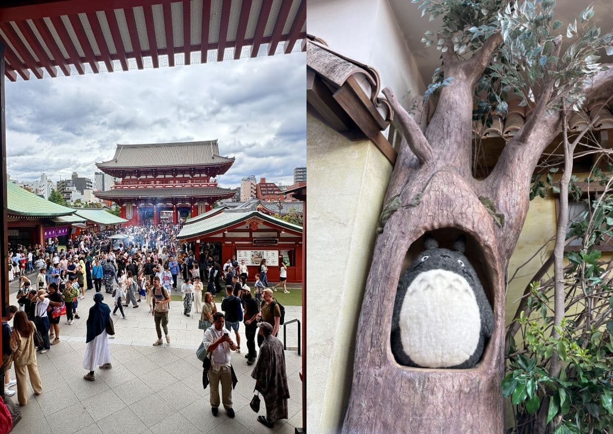 Til venstre: Senso-ji-tempelet i Asakusa. Til høyre: en Totoro-bamse fra Studio Ghibli