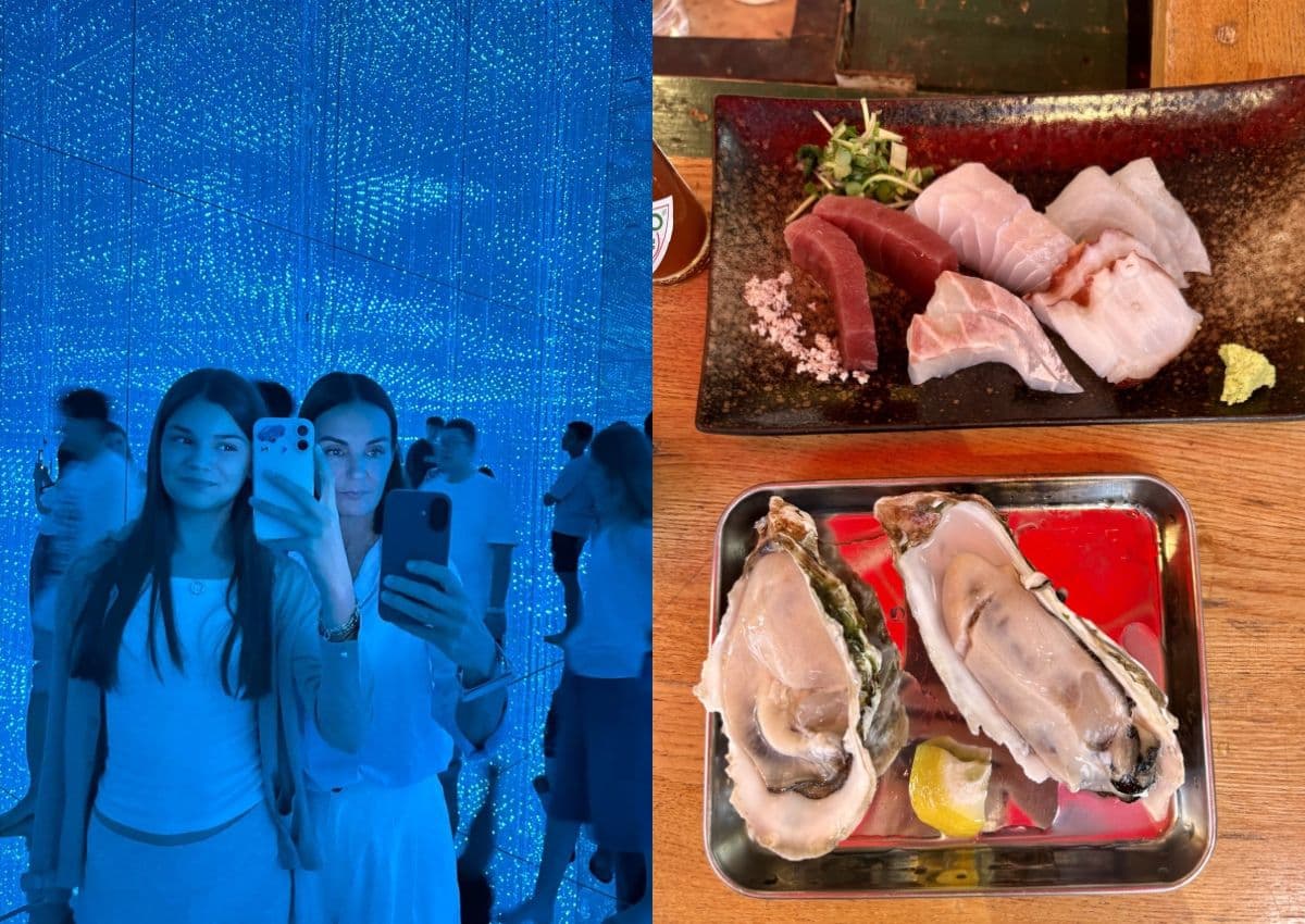 Til venstre: selfie av mor og datter hos teamLab i Tokyo. Til høyre: fersk sushi og sashimi på Tsukiji-markedet