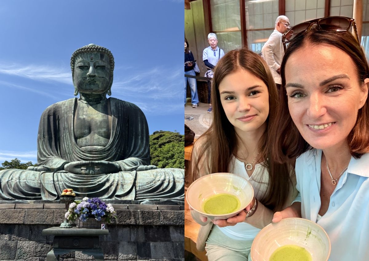 Til venstre: Den store Buddha-statuen i Kamakura. Til høyre: mor og datter med hver sin bolle med matcha