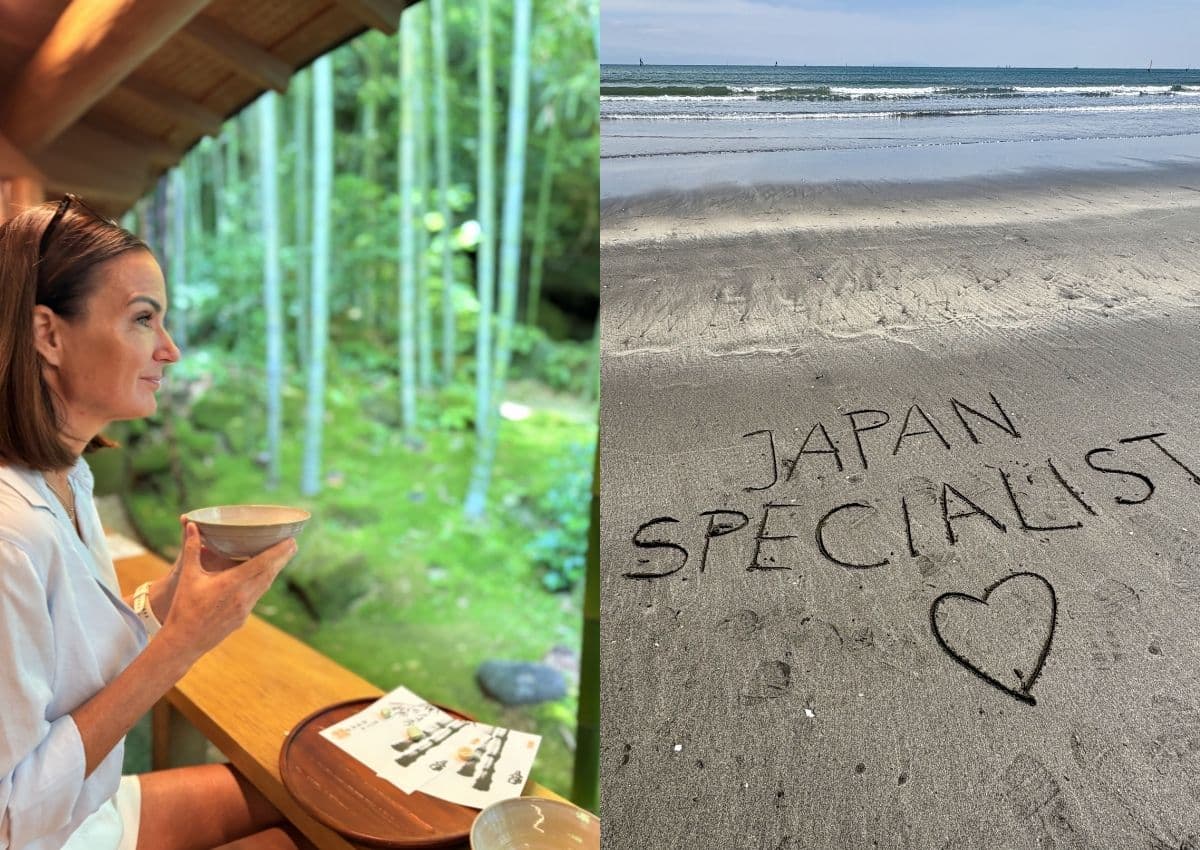 Til venstre: mor drikker grønn te i Kamakura. Til høyre: Japanspecialist skrevet i sanden på stranden i Kamakura