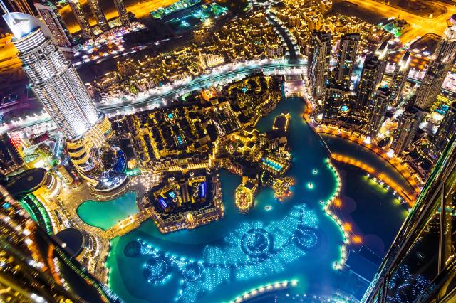 Nærbilde av Dubai sentrum om natten, Dubai