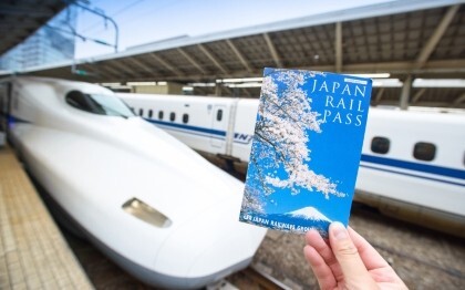 Hånden holder en Japan Rail Pass-billett foran en Shinkansen på Tokyo stasjon